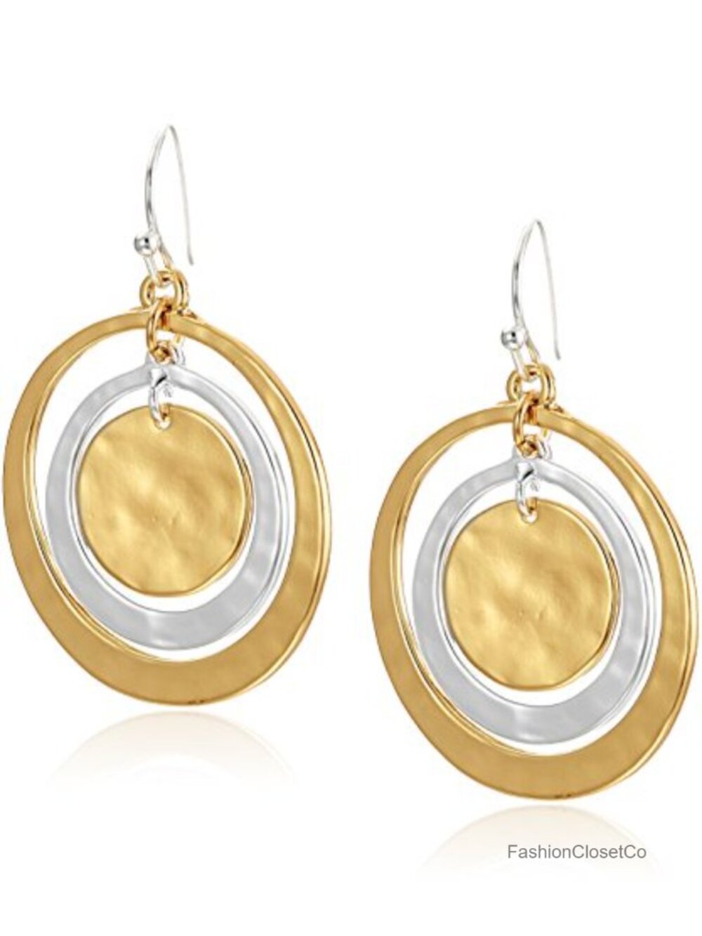 Hammered Circle Orbital Two-Tone Drop Earrings Fish Hook